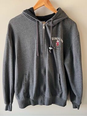 Disneyland Men's Dark Grey Zip-Up Hoodie with Embroidered "Grumpy" Size Small